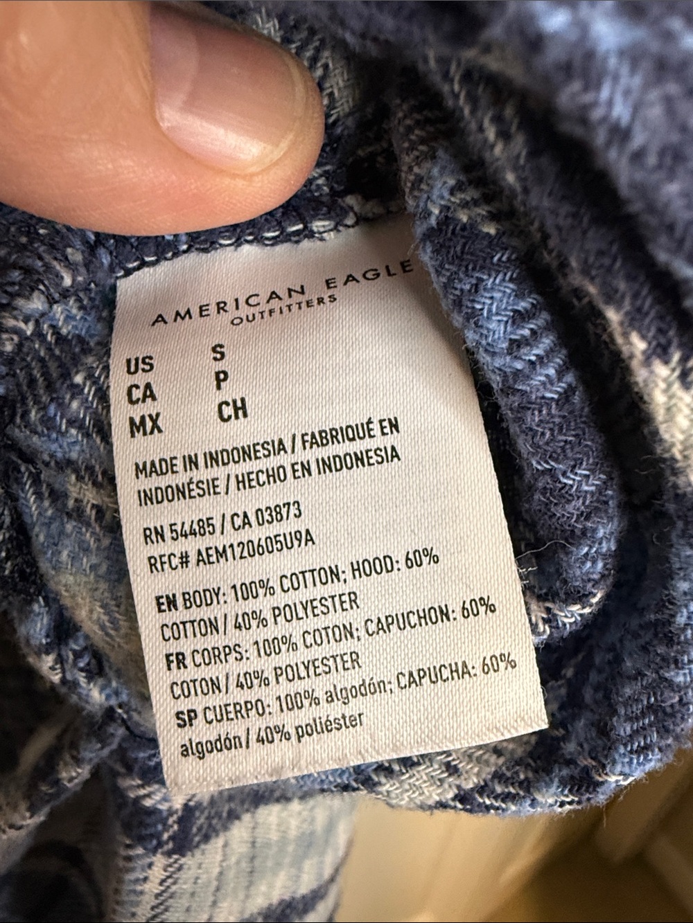 American Eagle  Blue Plaid Hooded Flannel Shirt with Floral Pockets - Picture 3 of 5